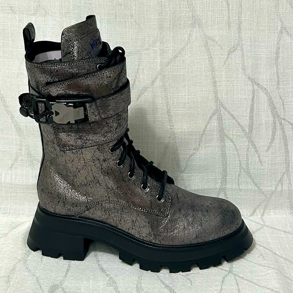 DKNY Sava Lace-Up Buckled Gunmetal Combat Boots